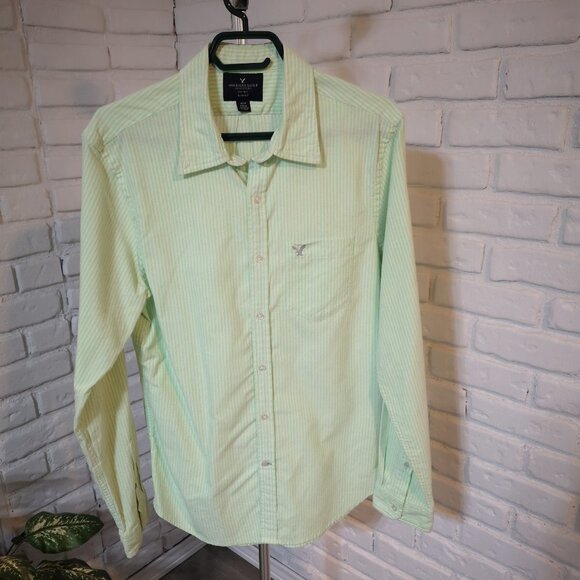 American Eagle Outfitters Men's Size Medium Slim Fit Green & White Stripe Shirt - Picture 1 of 10